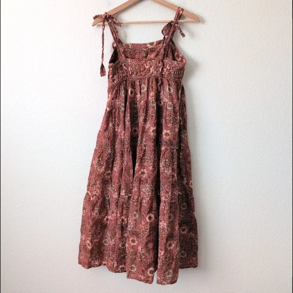 Ulla Johnson Cordelia Floral Tiered Midi Dress Smocked Tie Strap Rosebud Brown 4